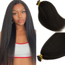 Caliee I Tip Hair Extensions Real Human Hair Kinky Straight, 18inch Natural Hair Extensions Human Hair for Black Women Natural Black Color Real Remy Hair Extension I Tips Hair Thick End 50G 50s/pack