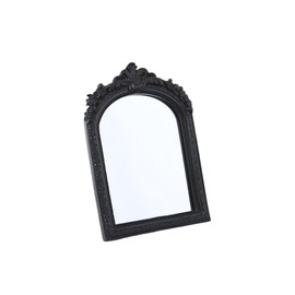 HSDDHOME Small Black Vintage Vanity Desk Makeup Mirror Antique Decorative Wall Mirror,Resin Carved Arch Table Mirror with Stand for Living Room,Bedroom Dresser,Desktop Decor 10.2" x 7" ﻿