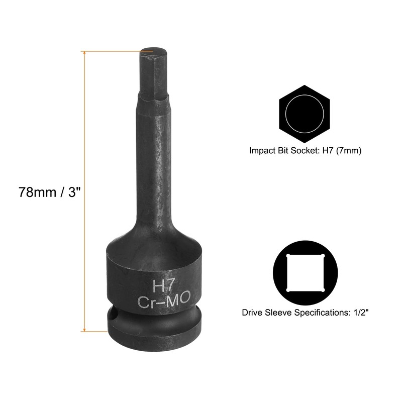 sourcing map 2pcs H7 (7mm) Hex Impact Bit Socket 1/2"