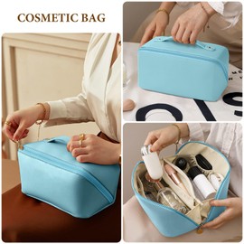 NAKODU Travel Makeup Bag,Large Capacity Cosmetic Bags for Women,Waterproof Portable Pouch Open Flat Toiletry Bag Make up Organizer with Divider and Handle (Blue)