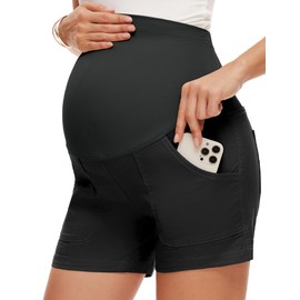 AMPOSH Women's Maternity Casual Cargo Shorts with Pockets Stretchy Summer Wear Pregnancy Clothes(Black, XXL)