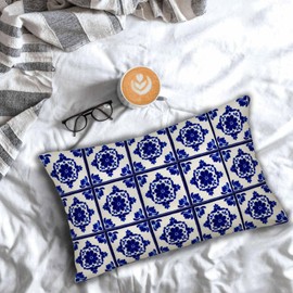 Asamour Cobalt Blue Home Decor Lumbar Pillow Cases 12x20 Inch Moroccan Tile Spanish Floral Outdoor Throw Pillowcase Bohemian Geometric Cushion Cover for Sofa Bed Couch