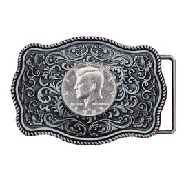 US 1987 Kennedy Half Dollar BU Uncirculated Coin Silver Belt Buckle NEW - Beautiful Western Scroll Design