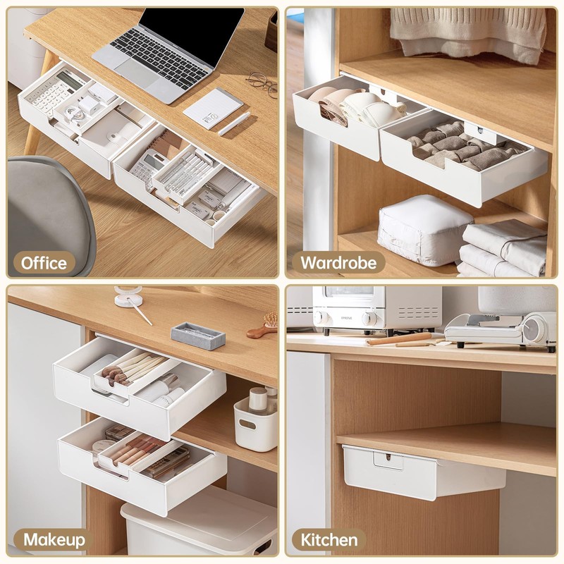 Under Desk Storage Drawer, White, Slide Out Design, 2 Installation