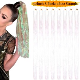 Hair Tinsel 50inch 8packs 1600 Strands White Tinsel Hair Extensions Shiny Hair Accessories Sparkling Fairy Glitter Hair Extension for Women Girls Kids(50",White)