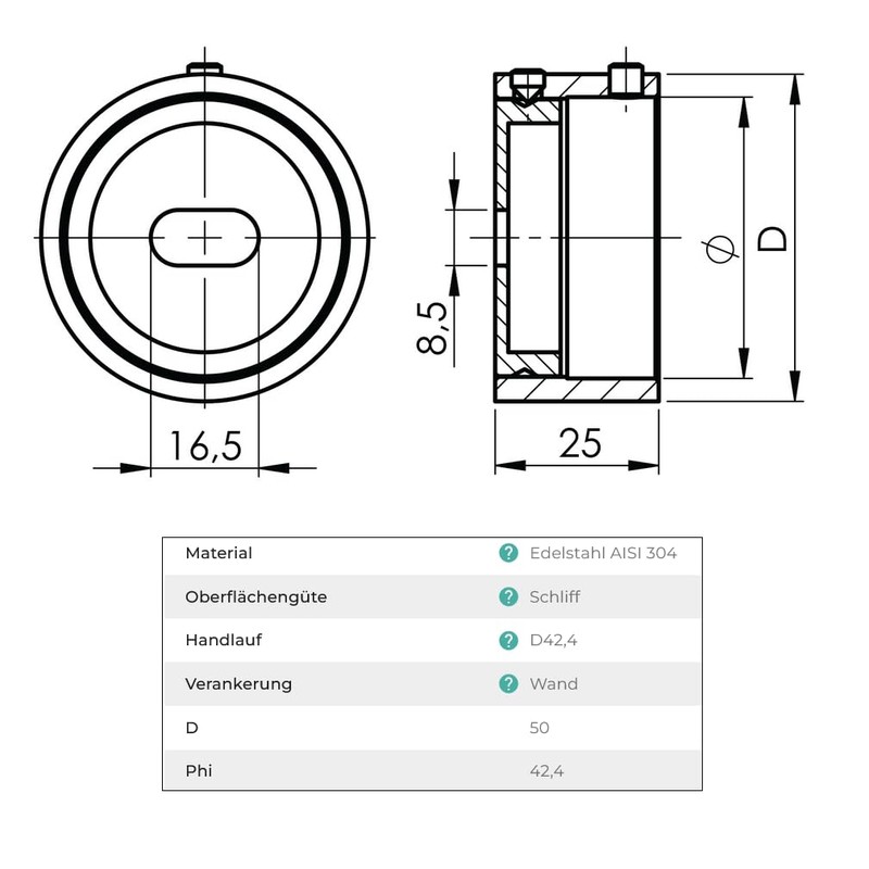 Sellon24® Stainless Steel Wall Connection Diameter 42.4 Wall Anchor Wall