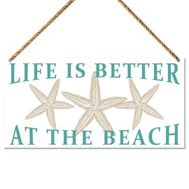 Beach Sign Decor for Front Door, Life Is Better at The Beach, Summer Decor for Home Porch Bathroom Toilet Beach Decoration Starfish Sign Beach House Plaque