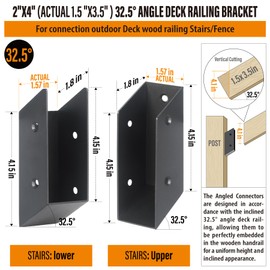 WOCEPU 32.5°Stair Angle Stainless Steel Deck Railing Brackets Connectors for 2"x4" (Actual 1.5"x3.5") Railing Wood Post (8 Pair)