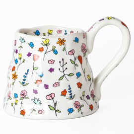 Mkour 16oz Large Ceramic Coffee Mugs, Handmade Big Tea Cups, Floral Design, Wide Bottom with Large Handle for Office and Home, Microwave and Dishwasher Safe (White)