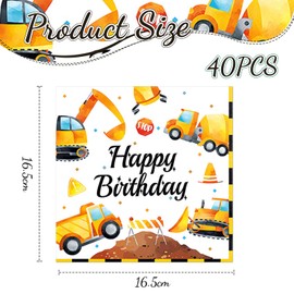 Kotkiddy Pack of 40 Napkins for Construction Site, Children's Birthday Table Decoration with Excavator, Tractor, Construction Vehicle, Bulldozer, Wheel Loader - 33 x 33 cm
