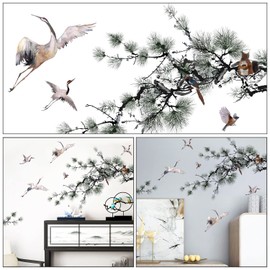 Chinese Style Pine Tree Crane Wall Art Mural Pine Branches and Leaves Wall Decals DIY Removable Peel and Stick Landscape Painting Wall Stickers for Living Room Bedroom Study Porch Home Decoration