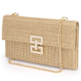 Niboken Damen Stroh Clutch Geldbörse, Handtasche Sommer Umhängetasche mit Metallkette, Gewebtes Stroh Strand Umschlagtasche für Party und Strand (Braun)