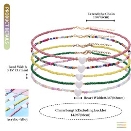 JewelryWe Boho Choker Necklace with Pearls Colourful Rainbow Pearl Necklace Adjustable Choker Chain Summer Beach Necklace Bohemian Hawaiian Style Jewellery Y2K Gift for Women Teenager Girls, Acrylic