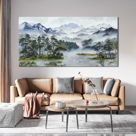 Canvas Wall Art Decor Art Work for Wall Decor Landscape Large Wall Art for Living Room Foggy Forest Wall Art Decor Green Mountain Wall Art Decor Art Work for Home Ofiice Bedroom Wall Decor 29"x58"