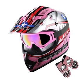 1Storm Youth Motocross Helmet Kids Motorcycle Bike Helmet Shark Pink + Goggles + MG Youth Pink Glove Bundle
