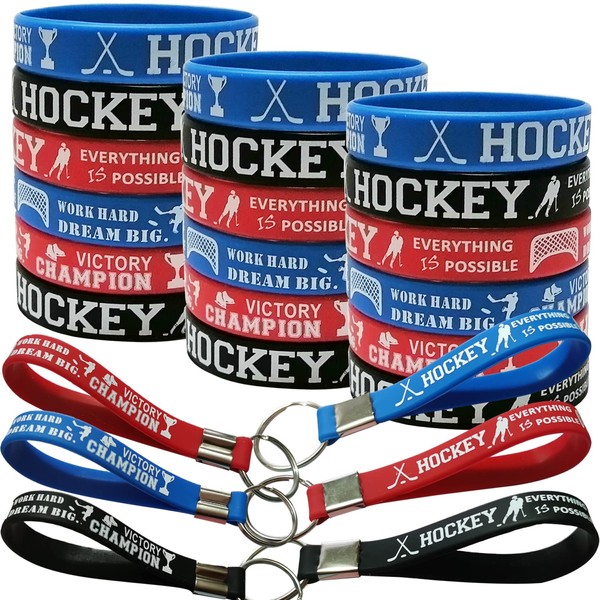 24PCS Hockey Party Favors Motivational Bracelets and Keychains, Sport Hockey Game Party Birthday Party Supplies Decorations Gifts Goodie Bag Favors Inspirational Silicone Wristbands Keychain