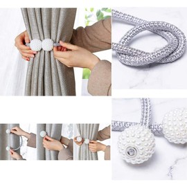 Curtain Tiebacks, 2 Pieces Pearl Ball 17" Magnetic Curtain Tiebacks Curtain Drapes Clips Rope Holdbacks Curtain Holder Buckles, Silver Grey