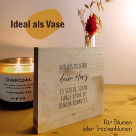 Verlass dich auf dein Herz Holzbild + Reagenzglas zum Hinstellen opt. als Vase oder Geldgeschenk - Herz Geschenk, Geschenke für Freundin, Lieblingsmensch Geschenk, Herzensmensch, Bild mit Spruch