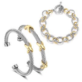 Aprilery 3 Pcs Cuff Bracelet for Women Wire Cable Bracelet - Gold and Silver Twisted Two Tone Bangle Bracelet - Chain Circle Link Bracelets Jewelry Gifts