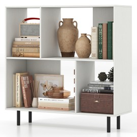 Tangkula 4 Cubby Open Bookcase, 3-Tier Freestanding Bookshelf with Detachable Metal Legs, Anti-toppling Device, Anti-Falling Baffles, Modern Cubicle Display Shelf (1,White)