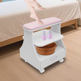 Pedicure Foot Rest Cart 3 Tier Foot Bath Stool with Wheels Portable Manicure Pedicure Cart Esthetician Trolley Carts Footrest Stool Stand for Nail Tech, Beauty Salon (Pink)