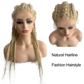karissa Hair Blonde Braided Wig for Women Long 613 Box Braid Wigs with Baby Natural Hairline Synthetic Lace Front Twist Braids Frontal Braiding Glueless Heat Resistant 24'' Platinum