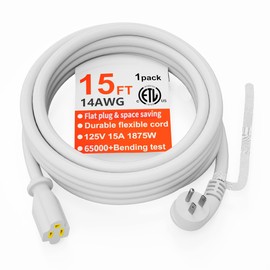 HUANCHAIN 14 Gauge 15 FT Flat Plug Extension Cord White Indoor Outdoor, Heavy Duty 3 Prong Grounded Low Profile Extension Wire Flexible, 15A 1875W 125V 14AWG SJTW, ETL Listed