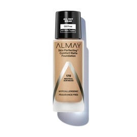 Almay Skin Perfecting Comfort Matte Foundation, Hypoallergenic, Cruelty Free, -Fragrance Free, Dermatologist Tested Liquid Makeup, Neutral Sun Beige, 1 Fluid Ounce