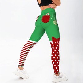 High Waist Tummy Control Stripes Bow Graphic Christmas Leggings Gingerbread Man Print Elastic Tights Pants Butt Lift Polka Dots Xmas Leggings for Women Christmas Party Costume XL