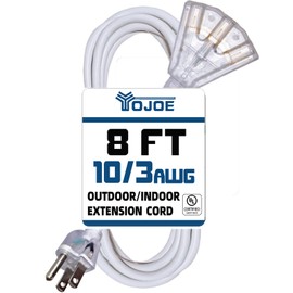 YOJOE 3-Outlets Indoor Outdoor Extension Cord with Lighted End, 3 Prong 15A Weatherproof Power Cord, 10 Gauge Heavy Duty 8 ft White Extension Cord Multiple Outlets, 10/3 SJTW UL Listed