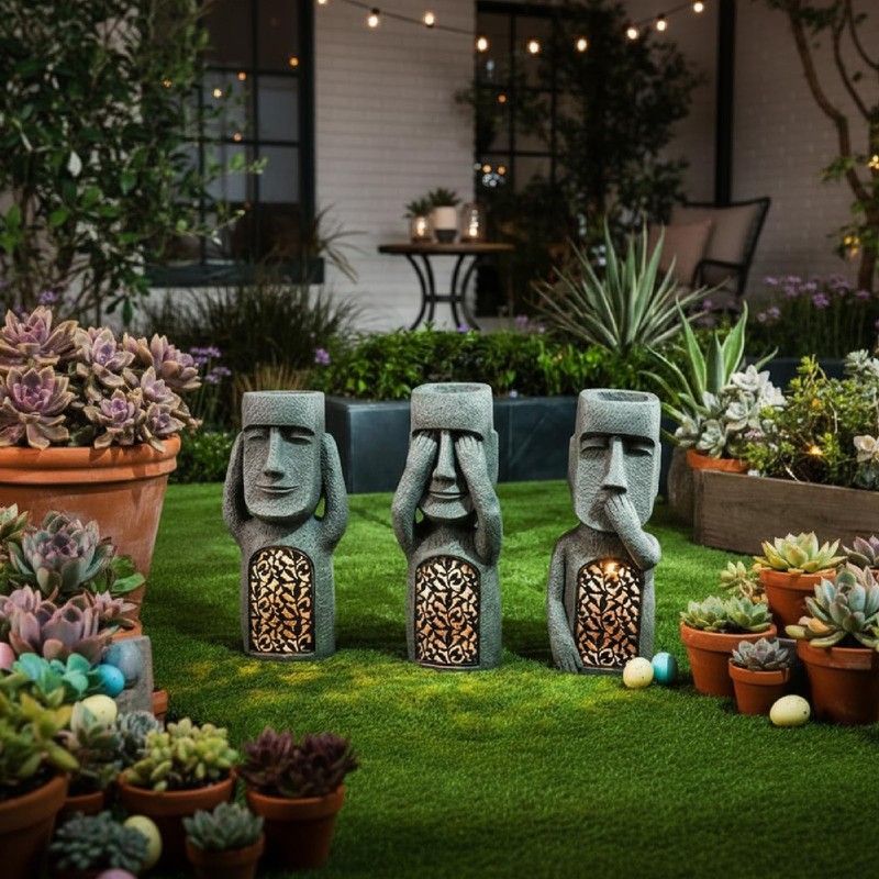 Whbbbj Easter Island Head Sculpture, Moai Statue Planter, Moai Solar