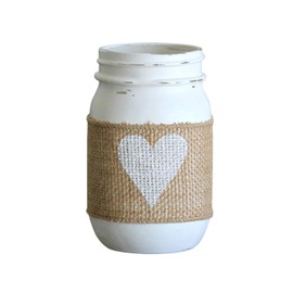 Spring Decor White Heart Painted Mason Jar | Wedding Table Decoration Burlap Rustic Theme