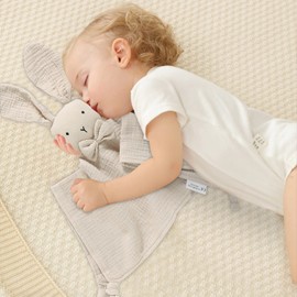 LAWKUL Baby Lovey Organic Cotton Muslin Soft Security Blankets Comfy Lovie for Infant Boy Girls Unisex Bunny Khaki