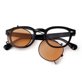 ADE WU Clip on over Glasses Sunglasses Vintage Small Round Clipon Sunglsses for Women Men Fashion Unisex Style(Black Glasses Frame + Brown lense)