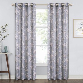 RYB HOME Floral Curtains for Bedroom - Pink White Blossom Pattern Sheer Curtains for Dining Area, Semitranslucent Linen Voile Panels for Foyer Doorway, 2 Pcs, 52 inches x 84 inches, Grey