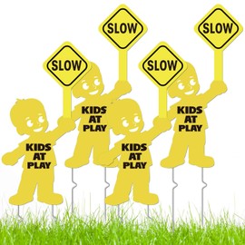 4 Pack Slow Down Kids at Play Signs for Street 16 x 12 Inches Double Sided Children Playing Safety Sign with Metal Stake Neighborhood Street Caution Yard Signs
