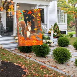 RABUSOFA Fall Squirrel House Flag 28x40 Inch Double Sided for Outside, Sweeping Autumn Leaves Outdoor Seasonal Yard Flag Rustic Porch Decor 15-28