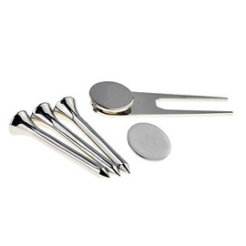 Plain Silver Golf Gift Set of Three Tees, Divot Tool and Ball Marker Supplied with a Spare Marker and Boxed