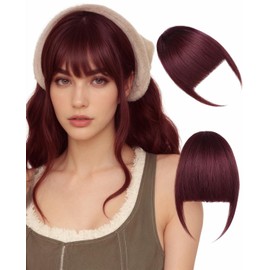 Rosooi Clip in Human Hair Bangs for Women - Wine Red Fake Air Bangs for Daily Wear - French Hair Clip