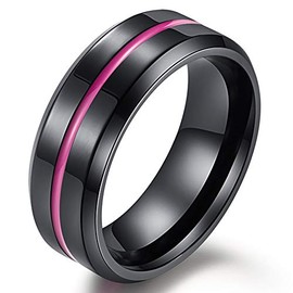 Mens 8mm Stainless Steel Channel Set Pink Epoxy Wedding Engagement Black Grooved Band Beveled Edges Ring Size 11
