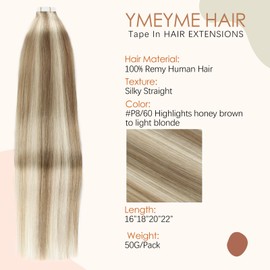 YMEYME Tape in Hair Extensions Human Hair Invisible Reusable Seamless Skin Weft Remy Tape Hair Extensions 20Pcs 50g #P8/60 Highlights Honey Brown to Light Blonde 16inch