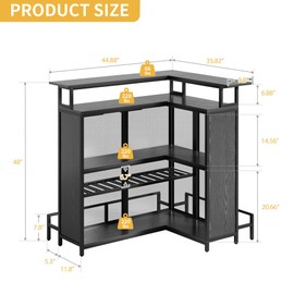 DWVO L-Shaped Home Bar Unit with LED Light APP Control, 4 Tier Tall Liquor Table with Wine Rack, Storage Shelves and Glasses Holder, Corner Mini Coffee Cabinet with Footrest for Kitchen Pub Black