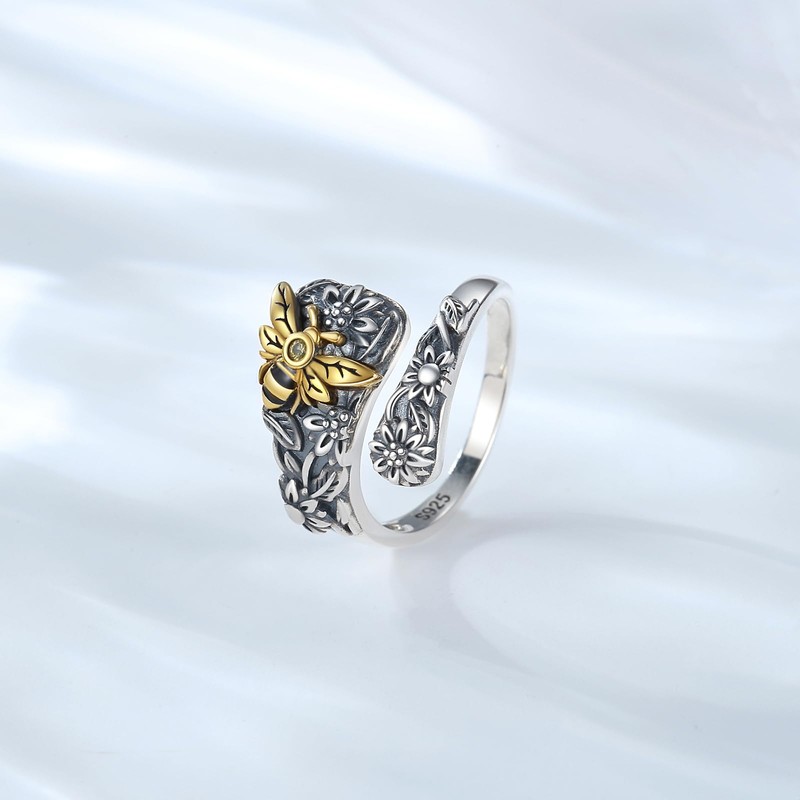 BEILIN Sunflower Bee Rings 925 Sterling Silver Spoon Ring Vintage