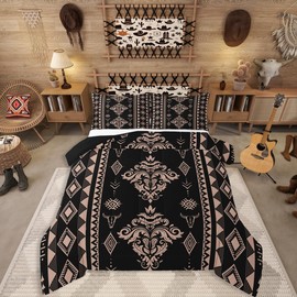 Erosebridal Boho Aztec Black Comforter Set for Adults, Western Damask Southwestern Bedding Set Full Size, Vintage Victorian Baroque Duvet Insert for Teens Men Bedroom Decor, Exotic Native Quilt