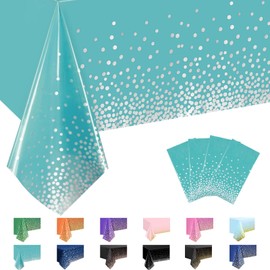 MORAINJAY 4Pcs Lake Blue and Silver Dot Party Tablecloth,137x274cm Rectangle Table Cloth,Waterproof Plastic Confetti Table Cover for Picnic,Wedding, Birthday,Christmas Table Decorations
