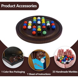 Dreamplay Gifts Mini Solitaire Marble Game Set Wood with 36 Multicolours Natural Stone Marbles Pieces Adults Classic Deluxe Game for Game Night Party and Gatherings (Light Walnut)
