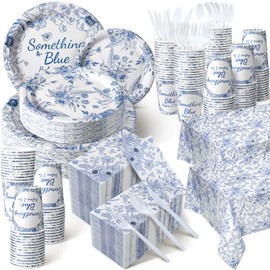 Dandat 402 Pcs Disposable Tableware Set Serve 50 Baby Shower Party Decorations Birthday Party Supplies Set Disposable Plates and Napkins Plastic Tablecloths for Baby Shower(Blue,Something Floral)