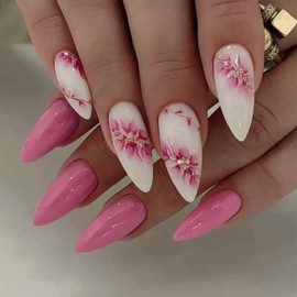 Press on Nails Almond Short Pink Flower False Nails with 3 D Gold Glitter Designs Pink Full Cover Removable Glossy Acrylic Glue on Nails Natural Stick on Nails for Women 24 Pcs