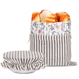 AMZDOTD Reusable Sourdough Bread Bags for Homemade Bread with Linen Proofing Bowl Cover Set - Premium Linen and Beeswax Bread Bags to Keep Homemade Bread Fresh(Brown Stripe)
