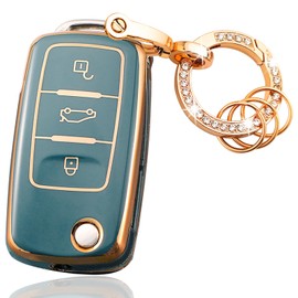 OLLEN Soft TPU Key Fob Cover with Bling Ring, Fit for VolksWagen VW Jetta Golf Polo MK6 Passat Tiguan Beetle Polo MK7 Passat Cross Gran Sagitar Santana Bora Skoda, for Flip Key Fob, 3 Button, Blue